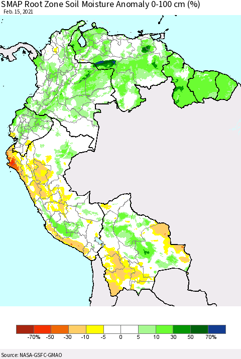 Northern South America SMAP Root Zone (0-100 cm) Soil Moisture Anomaly (%) Thematic Map For 2/11/2021 - 2/15/2021