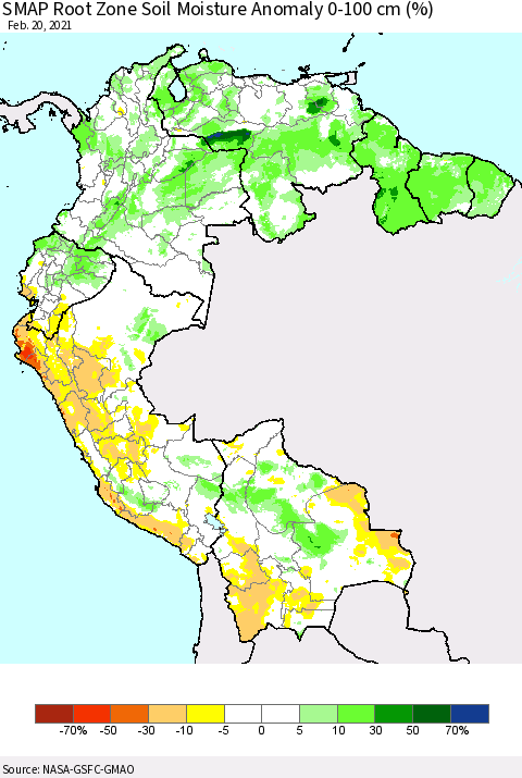 Northern South America SMAP Root Zone (0-100 cm) Soil Moisture Anomaly (%) Thematic Map For 2/16/2021 - 2/20/2021