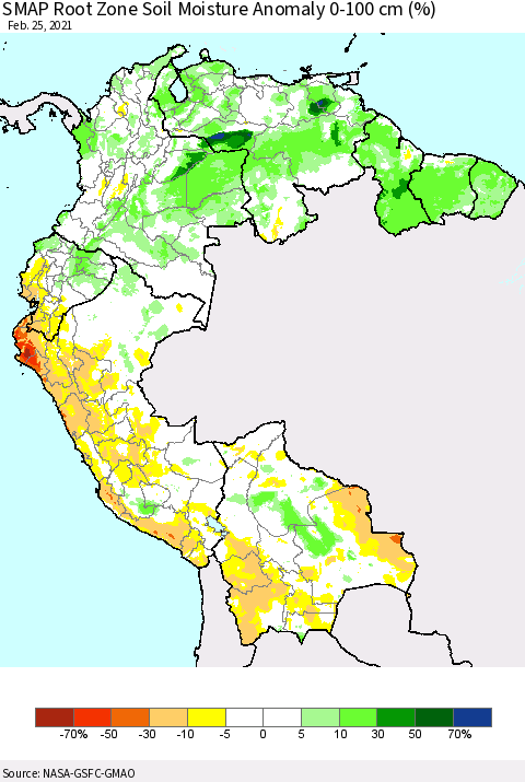 Northern South America SMAP Root Zone (0-100 cm) Soil Moisture Anomaly (%) Thematic Map For 2/21/2021 - 2/25/2021