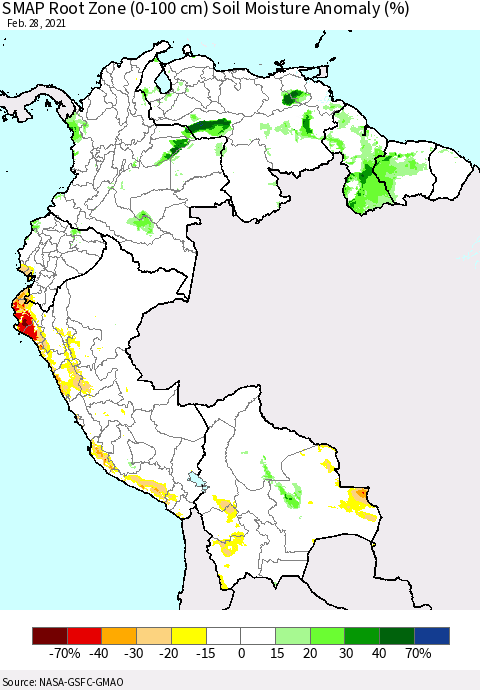 Northern South America SMAP Root Zone (0-100 cm) Soil Moisture Anomaly (%) Thematic Map For 2/26/2021 - 2/28/2021