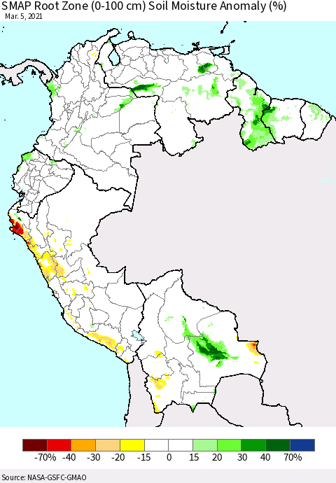 Northern South America SMAP Root Zone (0-100 cm) Soil Moisture Anomaly (%) Thematic Map For 3/1/2021 - 3/5/2021