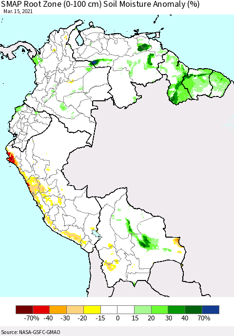 Northern South America SMAP Root Zone (0-100 cm) Soil Moisture Anomaly (%) Thematic Map For 3/11/2021 - 3/15/2021