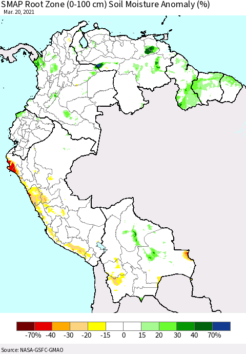 Northern South America SMAP Root Zone (0-100 cm) Soil Moisture Anomaly (%) Thematic Map For 3/16/2021 - 3/20/2021