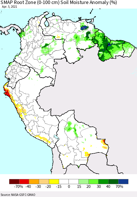 Northern South America SMAP Root Zone (0-100 cm) Soil Moisture Anomaly (%) Thematic Map For 4/1/2021 - 4/5/2021