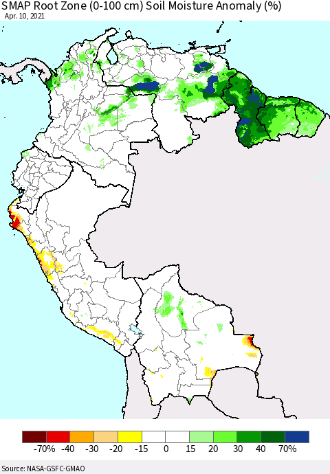 Northern South America SMAP Root Zone (0-100 cm) Soil Moisture Anomaly (%) Thematic Map For 4/6/2021 - 4/10/2021