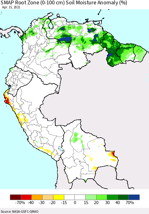 Northern South America SMAP Root Zone (0-100 cm) Soil Moisture Anomaly (%) Thematic Map For 4/11/2021 - 4/15/2021