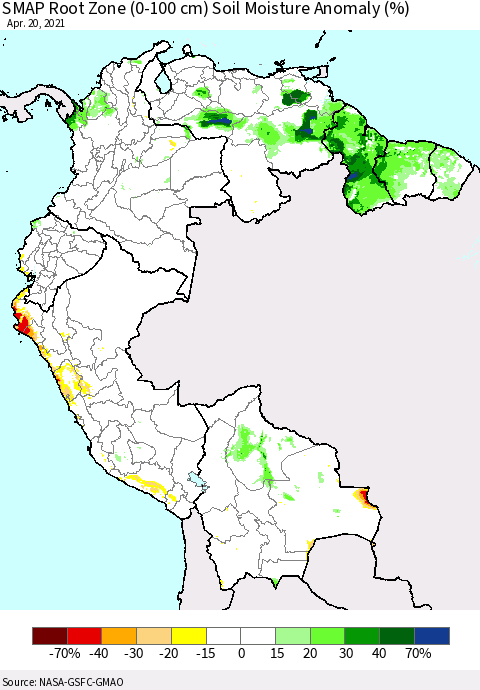 Northern South America SMAP Root Zone (0-100 cm) Soil Moisture Anomaly (%) Thematic Map For 4/16/2021 - 4/20/2021