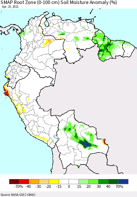 Northern South America SMAP Root Zone (0-100 cm) Soil Moisture Anomaly (%) Thematic Map For 4/21/2021 - 4/25/2021