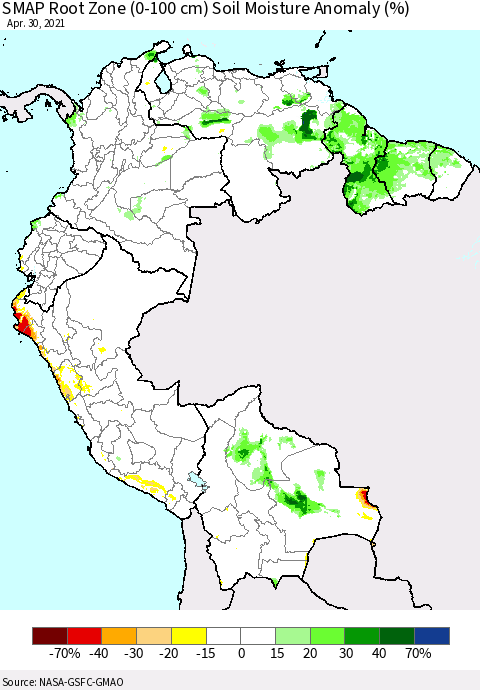 Northern South America SMAP Root Zone (0-100 cm) Soil Moisture Anomaly (%) Thematic Map For 4/26/2021 - 4/30/2021