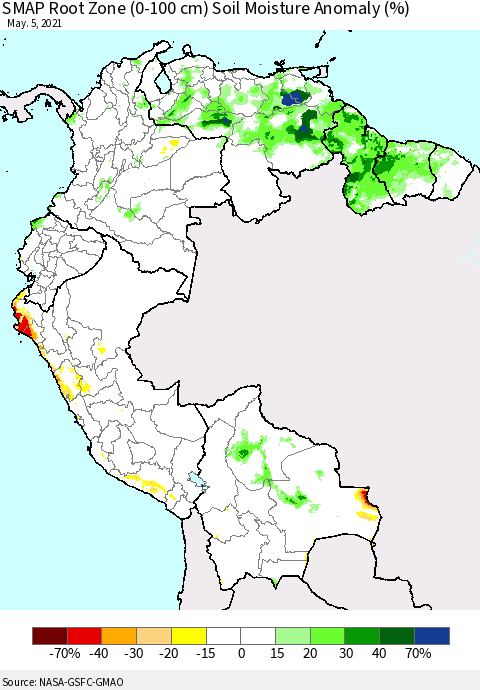 Northern South America SMAP Root Zone (0-100 cm) Soil Moisture Anomaly (%) Thematic Map For 5/1/2021 - 5/5/2021
