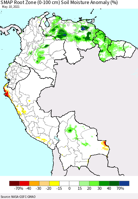Northern South America SMAP Root Zone (0-100 cm) Soil Moisture Anomaly (%) Thematic Map For 5/6/2021 - 5/10/2021