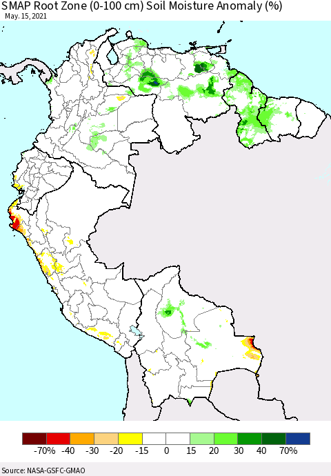 Northern South America SMAP Root Zone (0-100 cm) Soil Moisture Anomaly (%) Thematic Map For 5/11/2021 - 5/15/2021