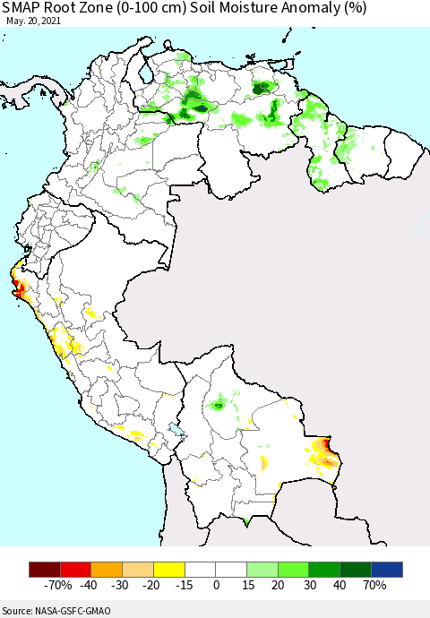 Northern South America SMAP Root Zone (0-100 cm) Soil Moisture Anomaly (%) Thematic Map For 5/16/2021 - 5/20/2021