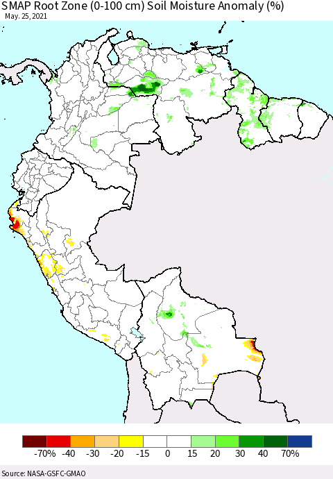 Northern South America SMAP Root Zone (0-100 cm) Soil Moisture Anomaly (%) Thematic Map For 5/21/2021 - 5/25/2021