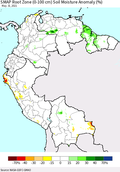 Northern South America SMAP Root Zone (0-100 cm) Soil Moisture Anomaly (%) Thematic Map For 5/26/2021 - 5/31/2021