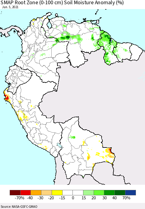 Northern South America SMAP Root Zone (0-100 cm) Soil Moisture Anomaly (%) Thematic Map For 6/1/2021 - 6/5/2021