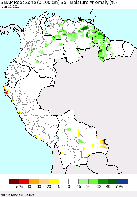 Northern South America SMAP Root Zone (0-100 cm) Soil Moisture Anomaly (%) Thematic Map For 6/6/2021 - 6/10/2021