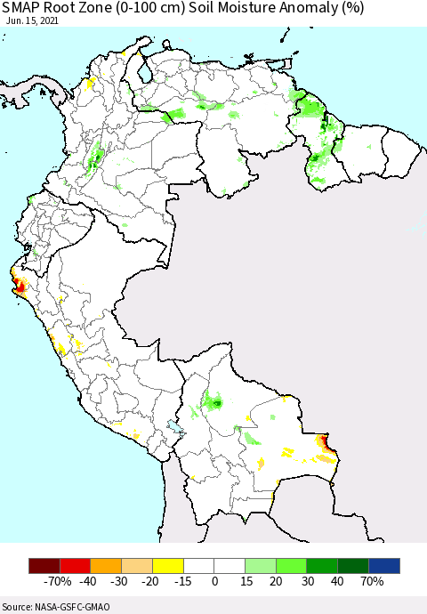 Northern South America SMAP Root Zone (0-100 cm) Soil Moisture Anomaly (%) Thematic Map For 6/11/2021 - 6/15/2021