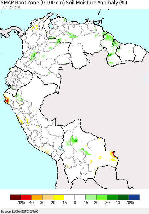 Northern South America SMAP Root Zone (0-100 cm) Soil Moisture Anomaly (%) Thematic Map For 6/16/2021 - 6/20/2021
