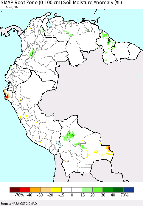 Northern South America SMAP Root Zone (0-100 cm) Soil Moisture Anomaly (%) Thematic Map For 6/21/2021 - 6/25/2021