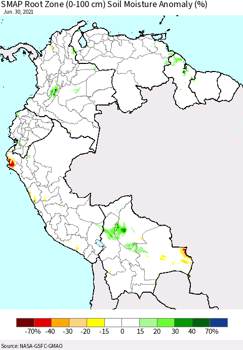 Northern South America SMAP Root Zone (0-100 cm) Soil Moisture Anomaly (%) Thematic Map For 6/26/2021 - 6/30/2021