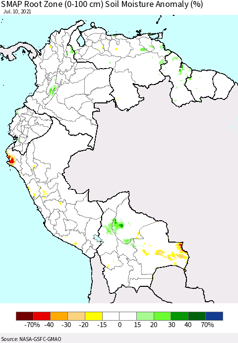 Northern South America SMAP Root Zone (0-100 cm) Soil Moisture Anomaly (%) Thematic Map For 7/6/2021 - 7/10/2021