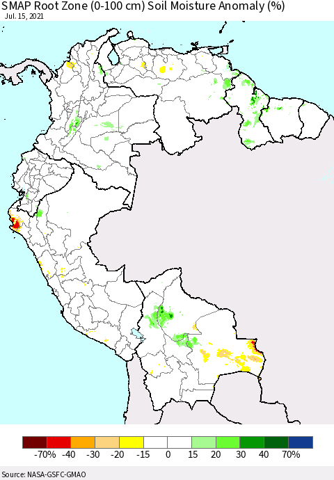 Northern South America SMAP Root Zone (0-100 cm) Soil Moisture Anomaly (%) Thematic Map For 7/11/2021 - 7/15/2021