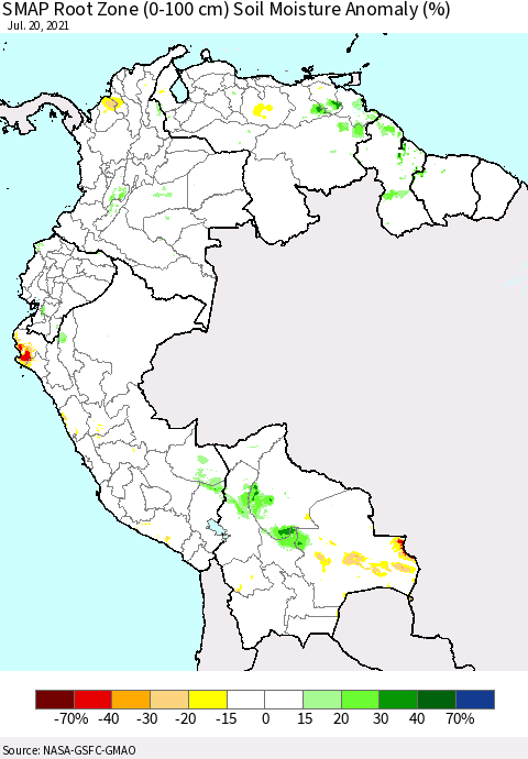 Northern South America SMAP Root Zone (0-100 cm) Soil Moisture Anomaly (%) Thematic Map For 7/16/2021 - 7/20/2021