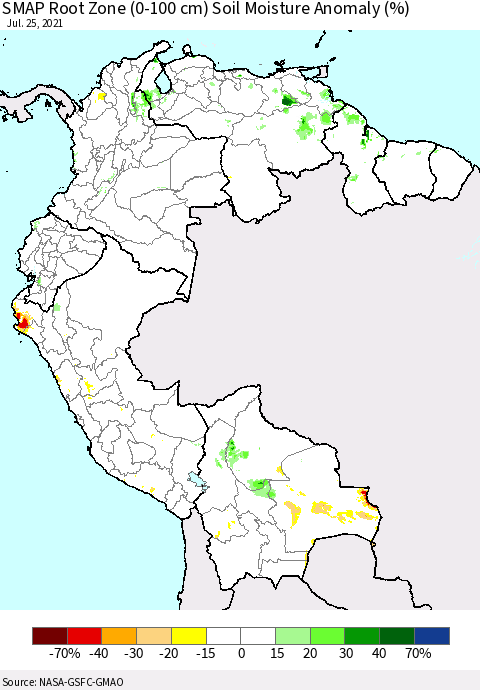 Northern South America SMAP Root Zone (0-100 cm) Soil Moisture Anomaly (%) Thematic Map For 7/21/2021 - 7/25/2021