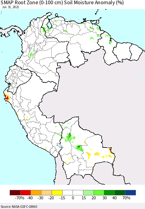 Northern South America SMAP Root Zone (0-100 cm) Soil Moisture Anomaly (%) Thematic Map For 7/26/2021 - 7/31/2021