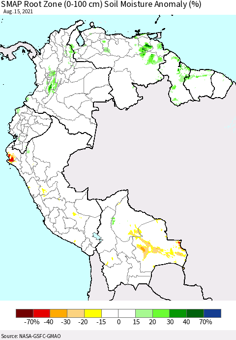 Northern South America SMAP Root Zone (0-100 cm) Soil Moisture Anomaly (%) Thematic Map For 8/11/2021 - 8/15/2021