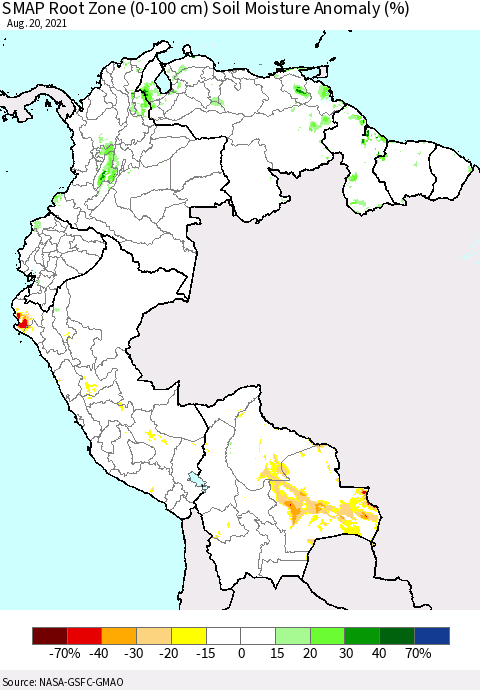 Northern South America SMAP Root Zone (0-100 cm) Soil Moisture Anomaly (%) Thematic Map For 8/16/2021 - 8/20/2021