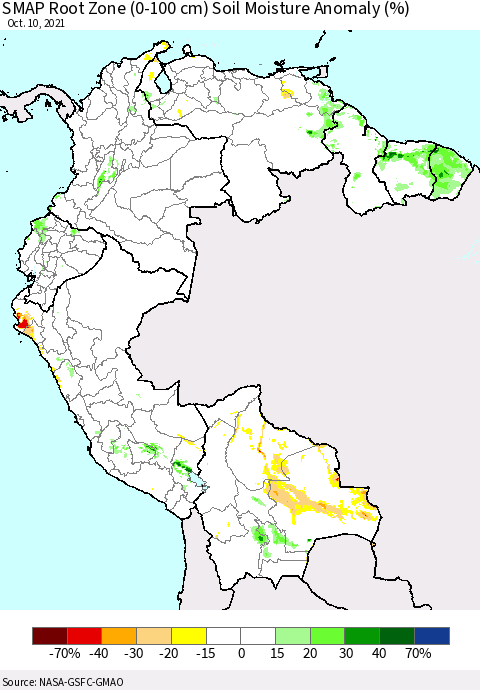 Northern South America SMAP Root Zone (0-100 cm) Soil Moisture Anomaly (%) Thematic Map For 10/6/2021 - 10/10/2021