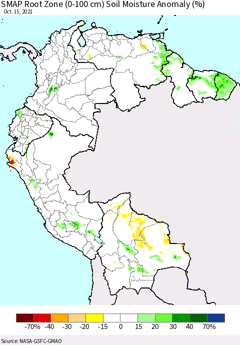 Northern South America SMAP Root Zone (0-100 cm) Soil Moisture Anomaly (%) Thematic Map For 10/11/2021 - 10/15/2021