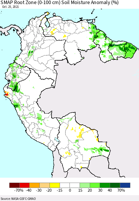 Northern South America SMAP Root Zone (0-100 cm) Soil Moisture Anomaly (%) Thematic Map For 10/21/2021 - 10/25/2021