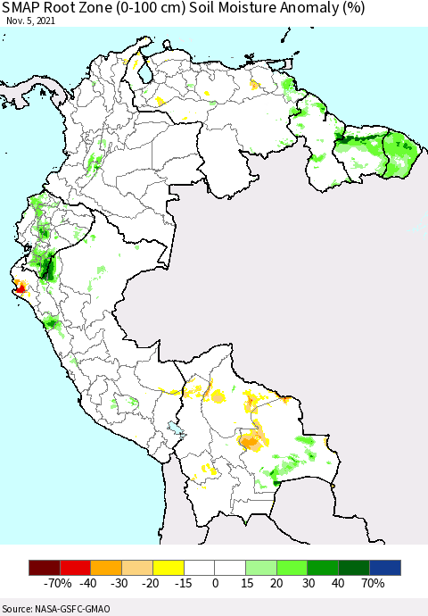 Northern South America SMAP Root Zone (0-100 cm) Soil Moisture Anomaly (%) Thematic Map For 11/1/2021 - 11/5/2021