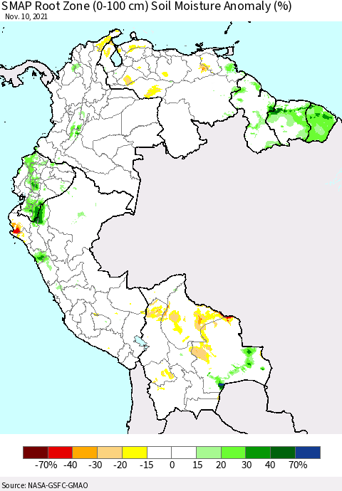 Northern South America SMAP Root Zone (0-100 cm) Soil Moisture Anomaly (%) Thematic Map For 11/6/2021 - 11/10/2021