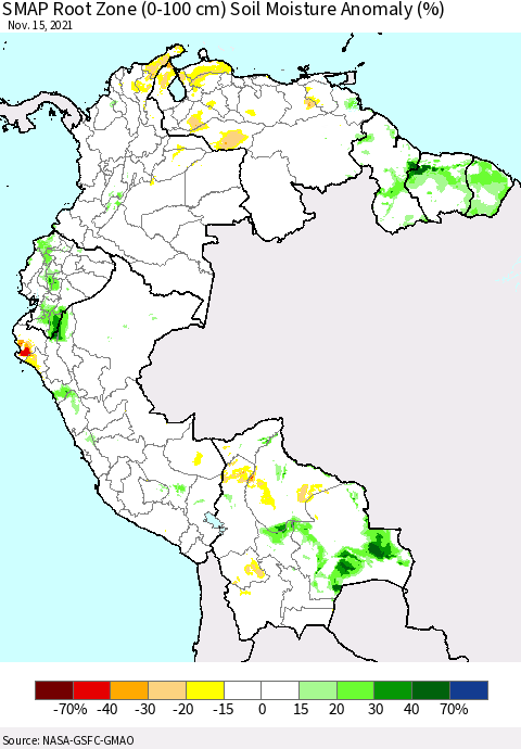 Northern South America SMAP Root Zone (0-100 cm) Soil Moisture Anomaly (%) Thematic Map For 11/11/2021 - 11/15/2021