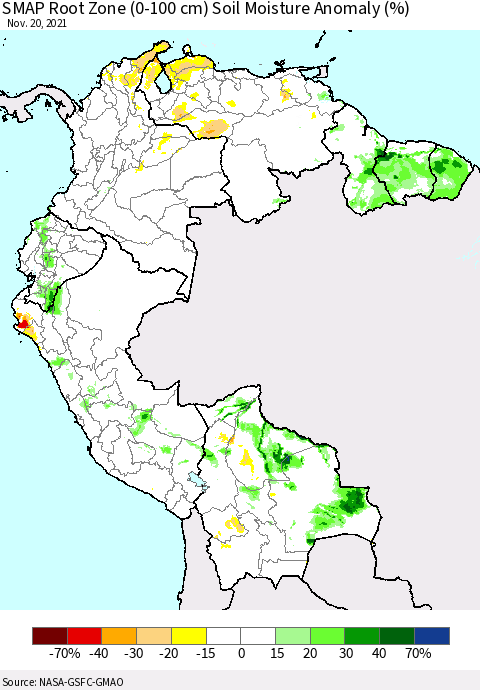 Northern South America SMAP Root Zone (0-100 cm) Soil Moisture Anomaly (%) Thematic Map For 11/16/2021 - 11/20/2021