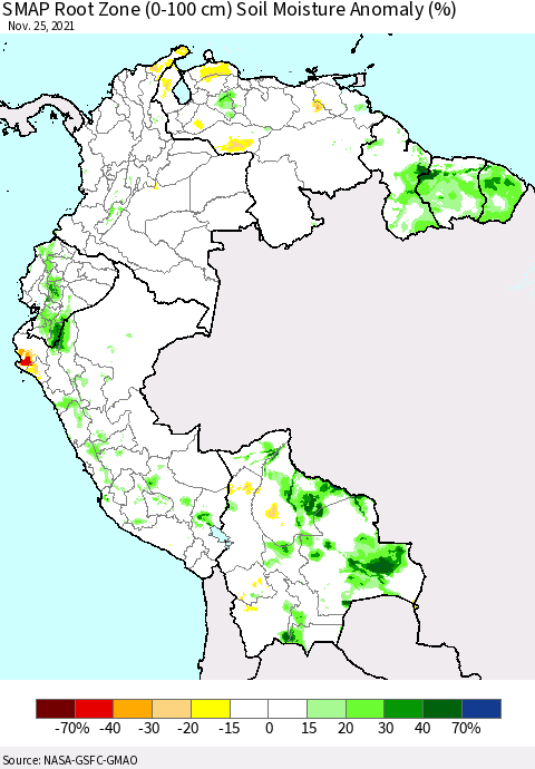 Northern South America SMAP Root Zone (0-100 cm) Soil Moisture Anomaly (%) Thematic Map For 11/21/2021 - 11/25/2021