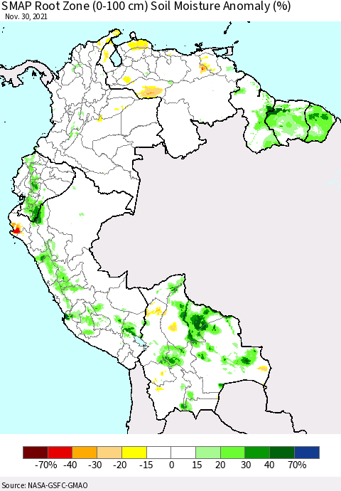 Northern South America SMAP Root Zone (0-100 cm) Soil Moisture Anomaly (%) Thematic Map For 11/26/2021 - 11/30/2021
