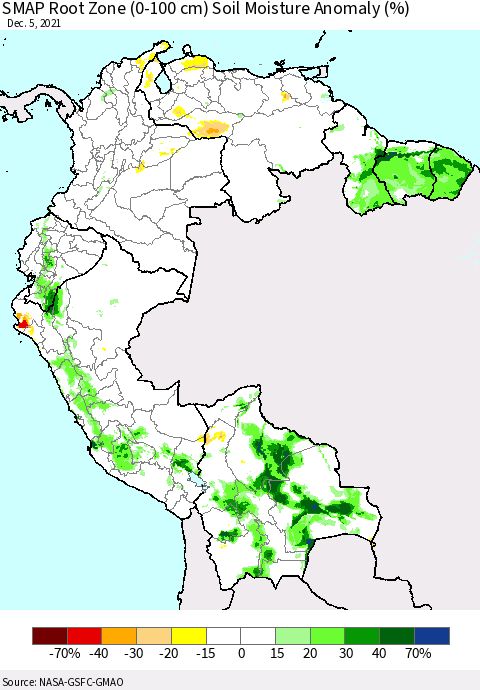 Northern South America SMAP Root Zone (0-100 cm) Soil Moisture Anomaly (%) Thematic Map For 12/1/2021 - 12/5/2021