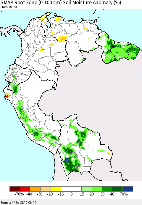 Northern South America SMAP Root Zone (0-100 cm) Soil Moisture Anomaly (%) Thematic Map For 12/6/2021 - 12/10/2021
