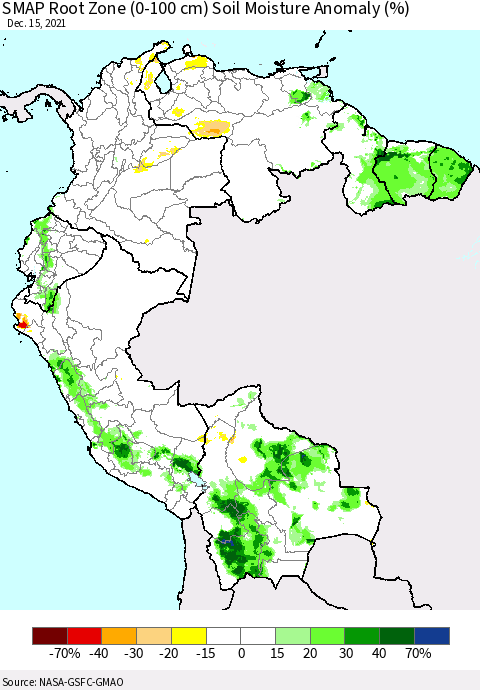 Northern South America SMAP Root Zone (0-100 cm) Soil Moisture Anomaly (%) Thematic Map For 12/11/2021 - 12/15/2021