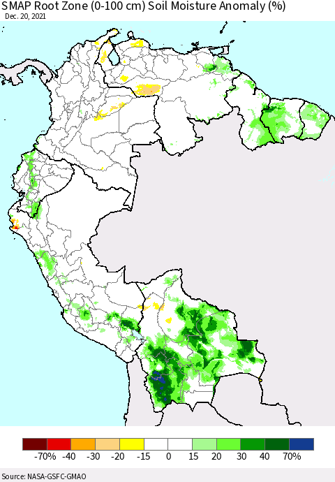 Northern South America SMAP Root Zone (0-100 cm) Soil Moisture Anomaly (%) Thematic Map For 12/16/2021 - 12/20/2021