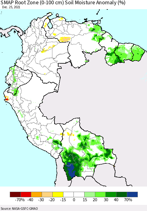 Northern South America SMAP Root Zone (0-100 cm) Soil Moisture Anomaly (%) Thematic Map For 12/21/2021 - 12/25/2021