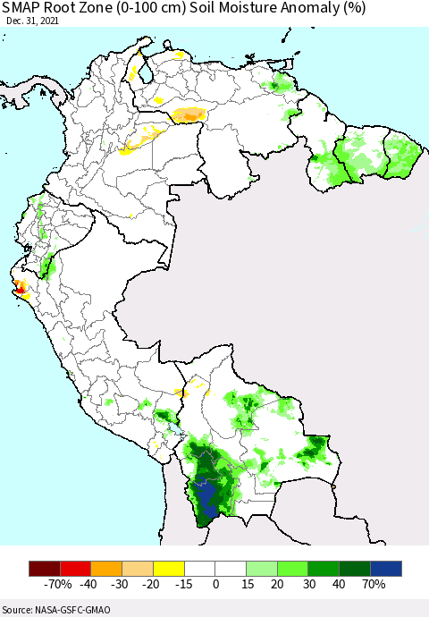 Northern South America SMAP Root Zone (0-100 cm) Soil Moisture Anomaly (%) Thematic Map For 12/26/2021 - 12/31/2021