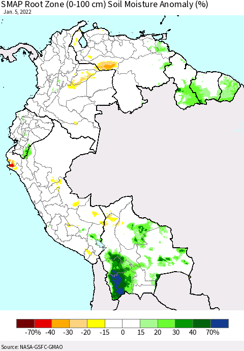 Northern South America SMAP Root Zone (0-100 cm) Soil Moisture Anomaly (%) Thematic Map For 1/1/2022 - 1/5/2022