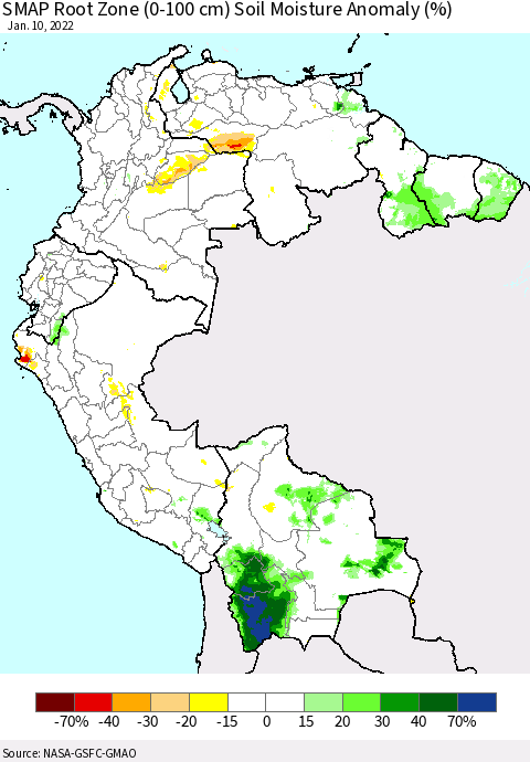 Northern South America SMAP Root Zone (0-100 cm) Soil Moisture Anomaly (%) Thematic Map For 1/6/2022 - 1/10/2022