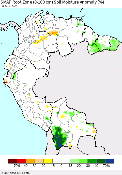 Northern South America SMAP Root Zone (0-100 cm) Soil Moisture Anomaly (%) Thematic Map For 1/11/2022 - 1/15/2022